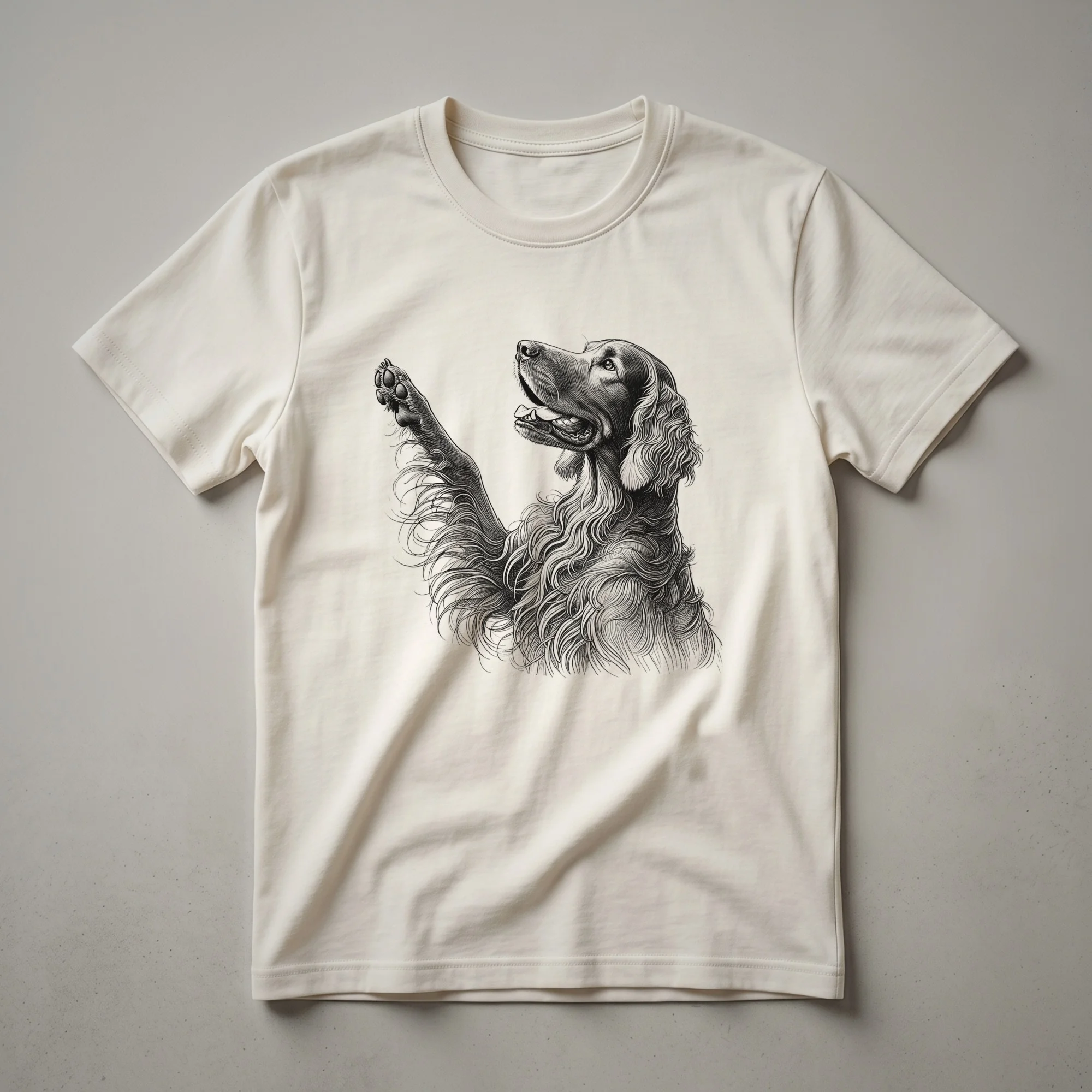 White t-shirt featuring a graphic design of an Irish Setter dog with floral elements and a paw print, with the text 'Irish Setter Raising Paw Design For Dog Owner'.