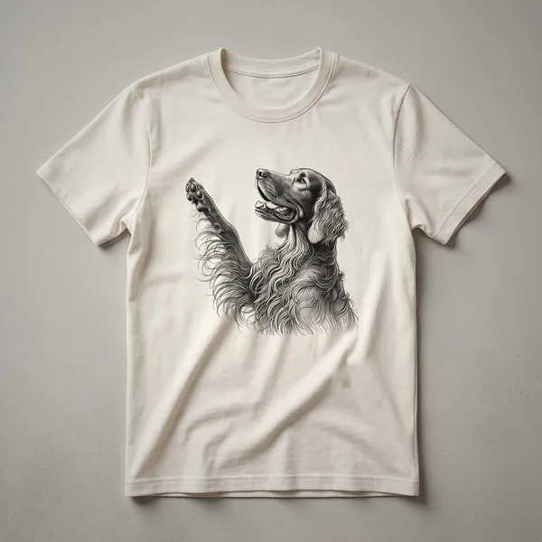 White t-shirt featuring a graphic design of an Irish Setter dog with floral elements and a paw print, with the text 'Irish Setter Raising Paw Design For Dog Owner'.