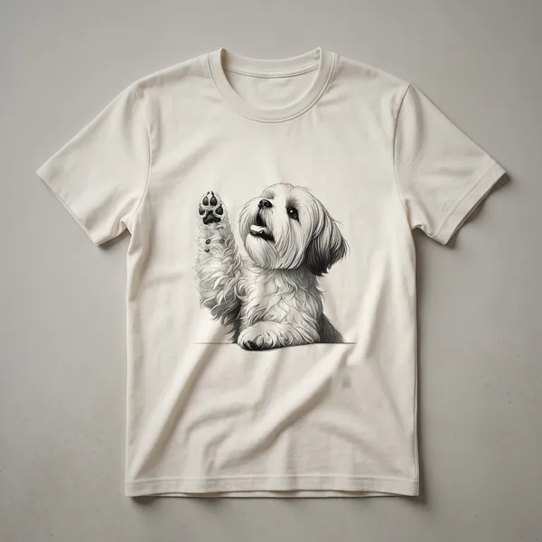A white graphic t-shirt featuring a minimalist line drawing of a Lhasa Apso dog with its paw raised in a playful gesture.