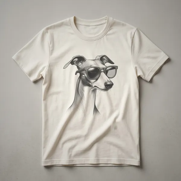 White t-shirt with a graphic design of an Italian Greyhound wearing sunglasses. The dog is depicted in profile with a patriotic-themed background.