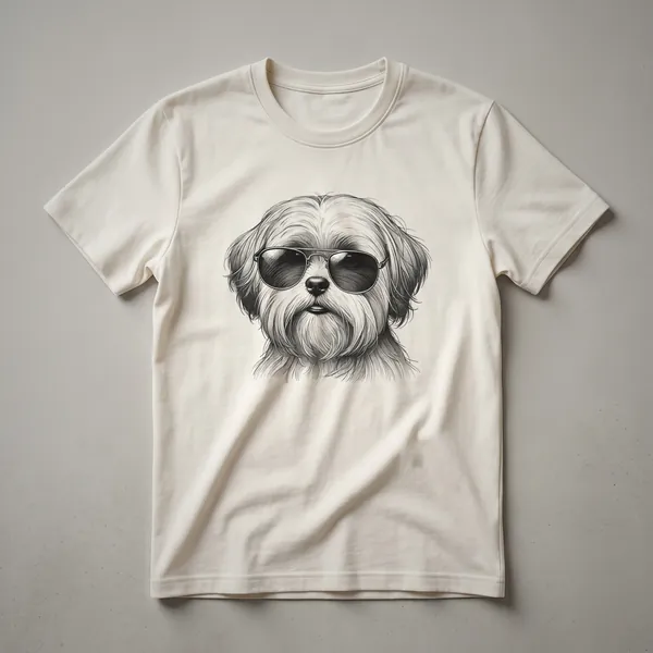 A graphic t-shirt featuring a Lhasa Apso dog wearing sunglasses with a distressed American flag design, suitable for men and kids.