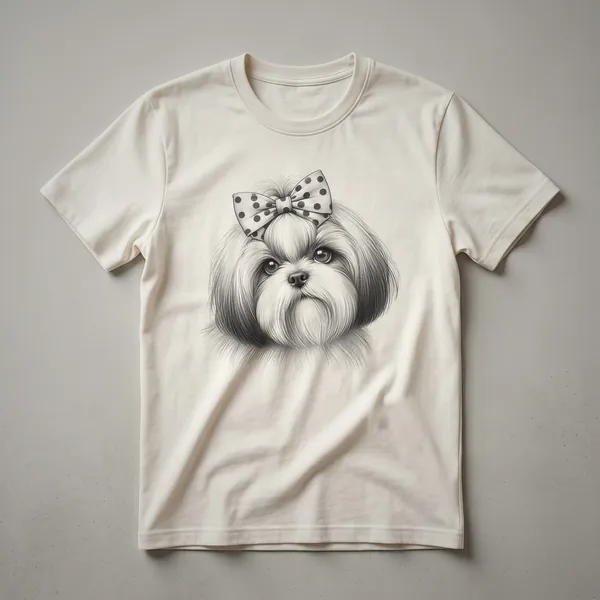 White graphic t-shirt with a black peeking Lhasa Apso dog wearing a colorful floral crown.