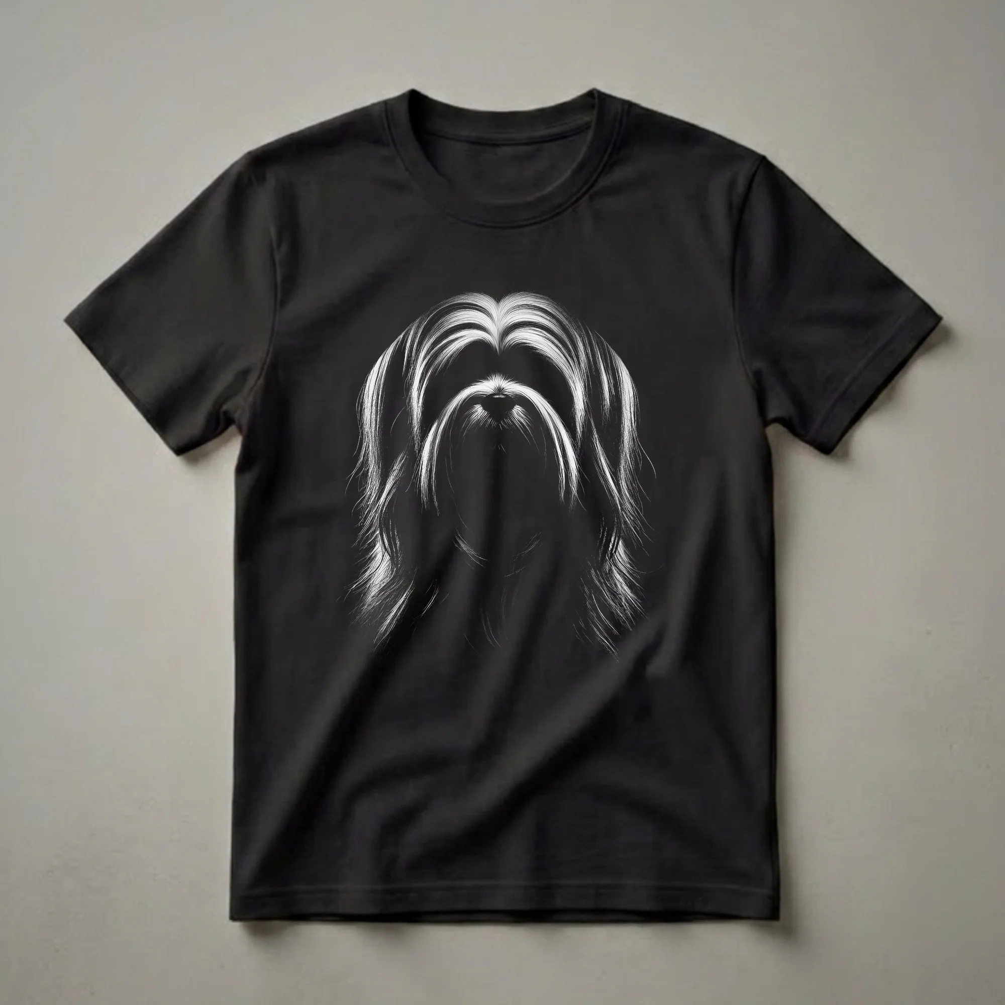 Black and white graphic t-shirt featuring the face of a Lhasa Apso dog with long, flowing fur.