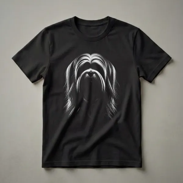 Black and white graphic t-shirt featuring the face of a Lhasa Apso dog with long, flowing fur.