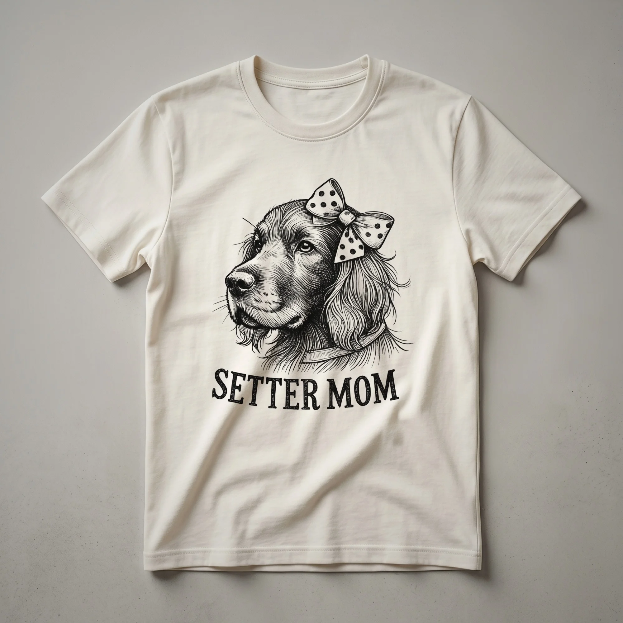 White graphic t-shirt featuring a vintage portrait of an Irish Setter dog's head with the text 'Irish Setter Mom' below it in a distressed font.