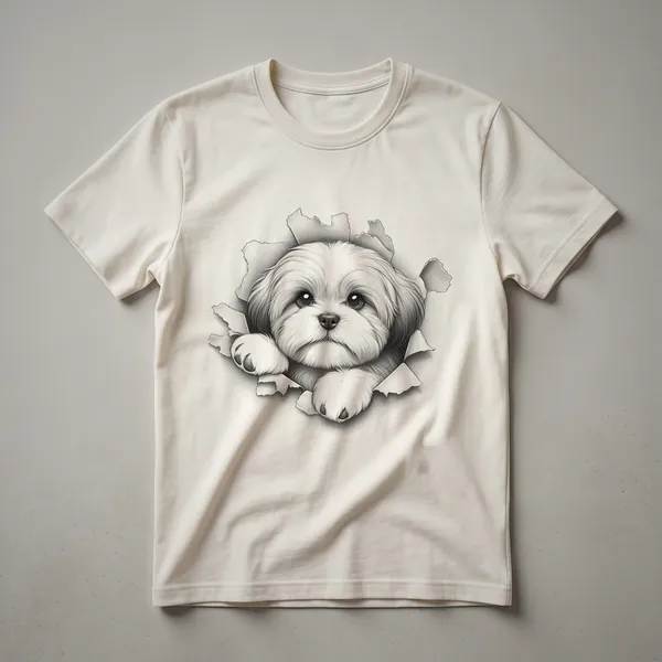 White graphic t-shirt featuring a peeking Lhasa Apso dog design with dark fur and alert eyes.