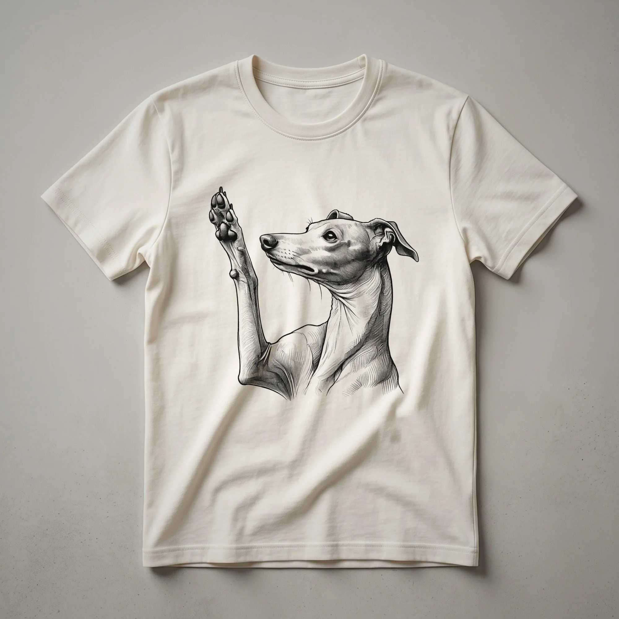 A black graphic t-shirt featuring a minimalist illustration of an Italian Greyhound dog raising its front paw.