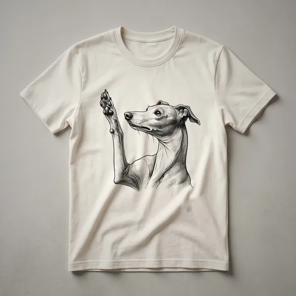 A black graphic t-shirt featuring a minimalist illustration of an Italian Greyhound dog raising its front paw.