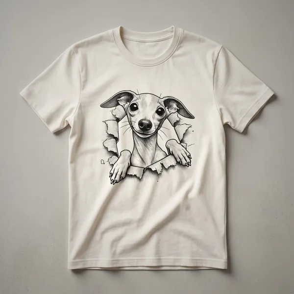 White graphic t-shirt featuring a black and white illustration of an Italian Greyhound's head peeking over a line, with the words 'Italian Greyhound' above.