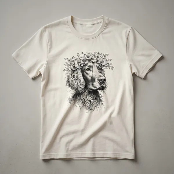 White graphic t-shirt featuring a black silhouette of an Irish Setter dog filled with colorful floral patterns.