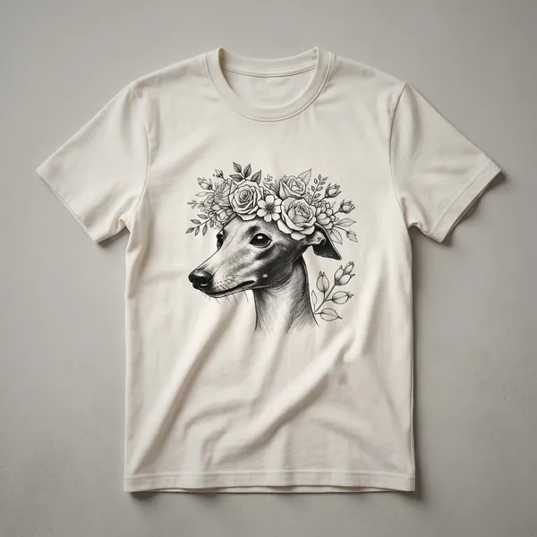 White t-shirt with a black silhouette of an Italian Greyhound filled with colorful flowers, representing a memorial design.