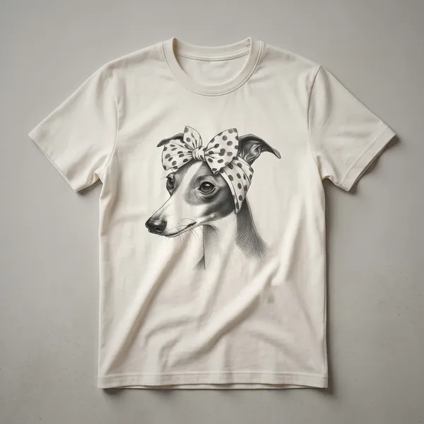 White graphic t-shirt featuring a black silhouette of an Italian Greyhound with the text 'Italian Greyhound Mom' above it.