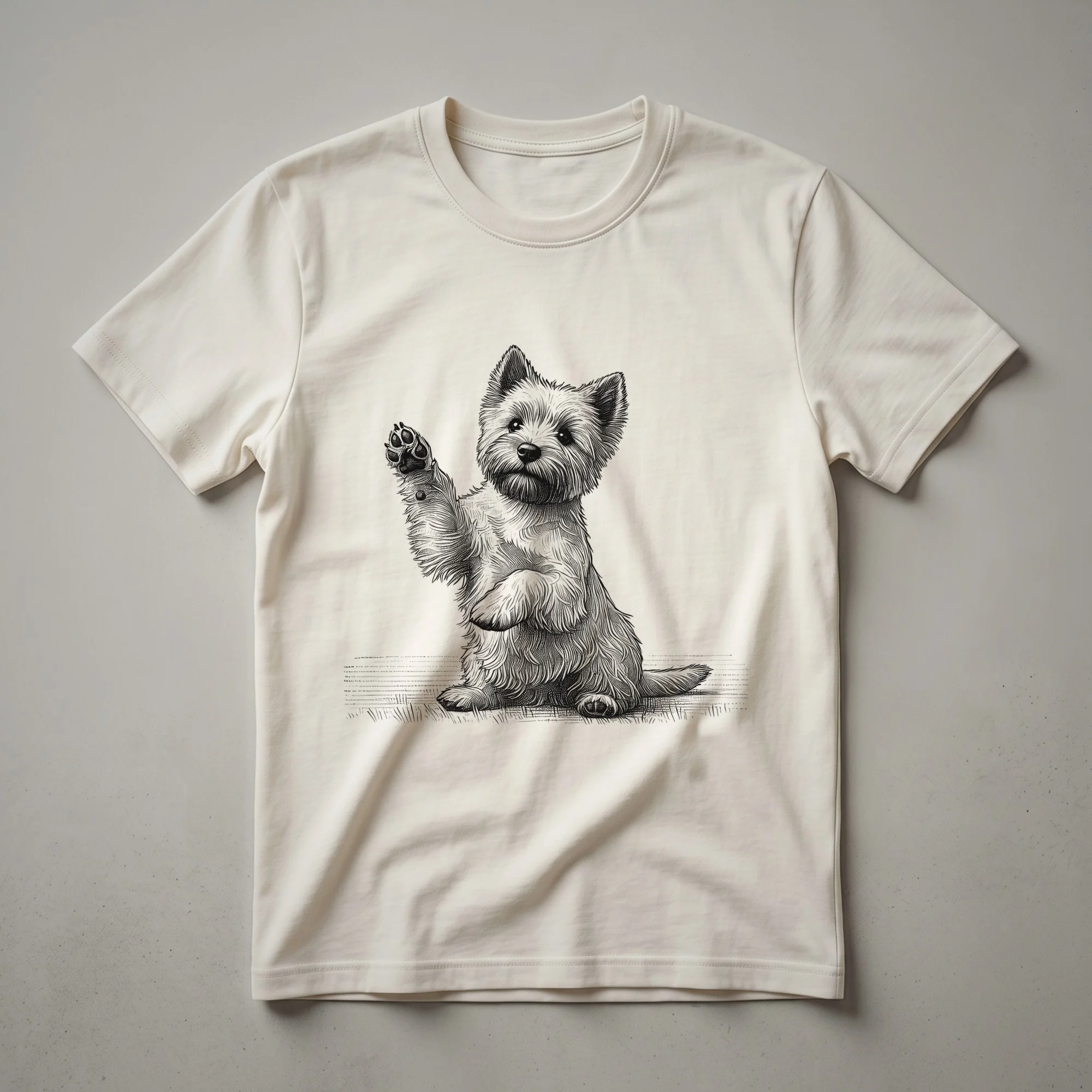 White graphic t-shirt featuring a black and white illustration of a Cairn Terrier dog with its front paw raised.
