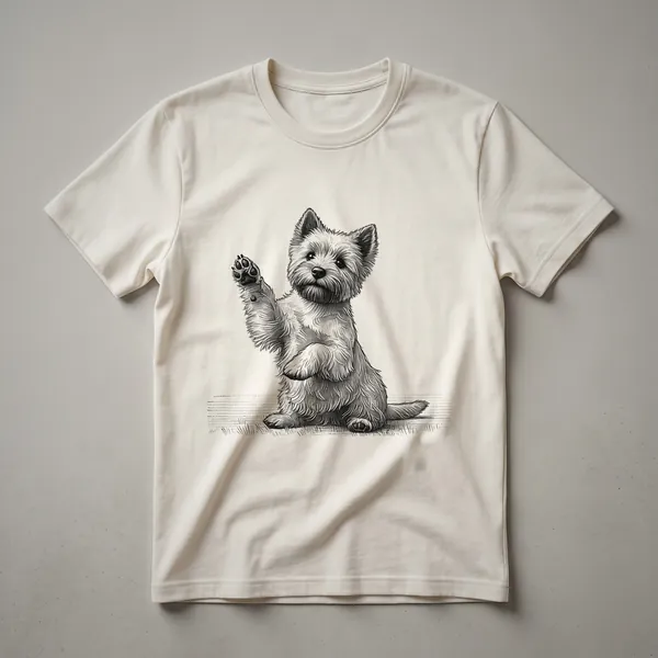 White graphic t-shirt featuring a black and white illustration of a Cairn Terrier dog with its front paw raised.