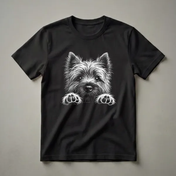 Black and white graphic t-shirt featuring a close-up of a Cairn Terrier's face and paws peeking over a surface, with detailed linework.