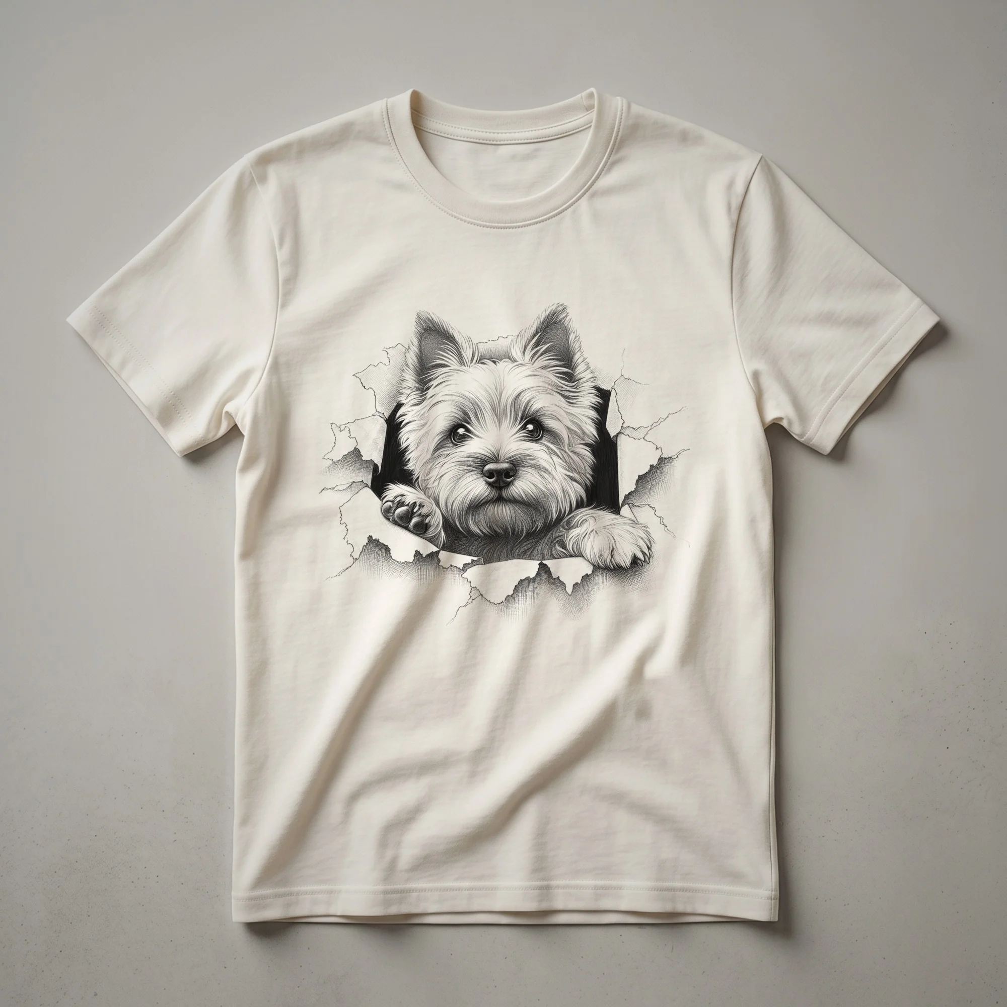 White graphic t-shirt featuring a peeking Cairn Terrier dog illustration with a black outline and subtle shading, looking alert.
