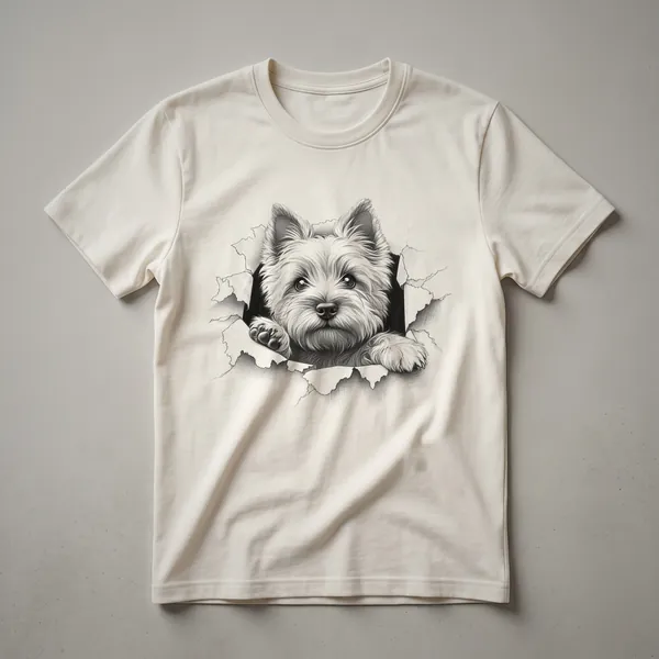 White graphic t-shirt featuring a peeking Cairn Terrier dog illustration with a black outline and subtle shading, looking alert.
