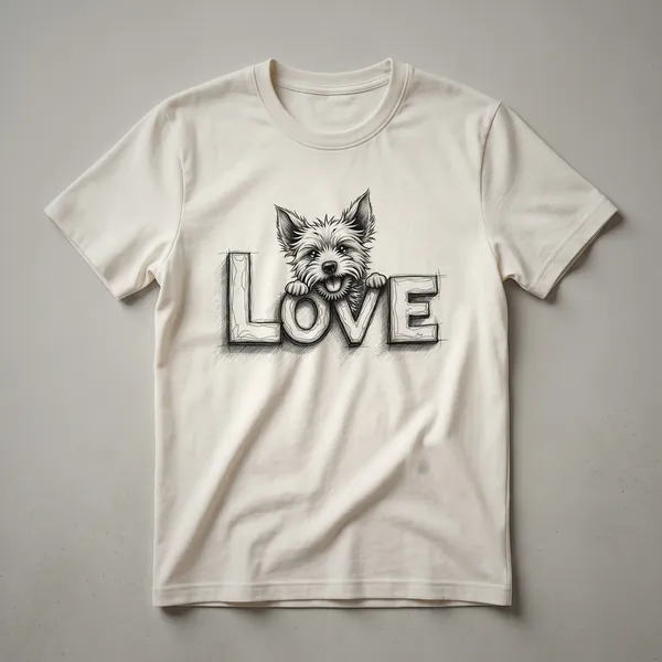 Black graphic t-shirt featuring a white silhouette of a Cairn Terrier dog with a heart shape integrated into its outline.
