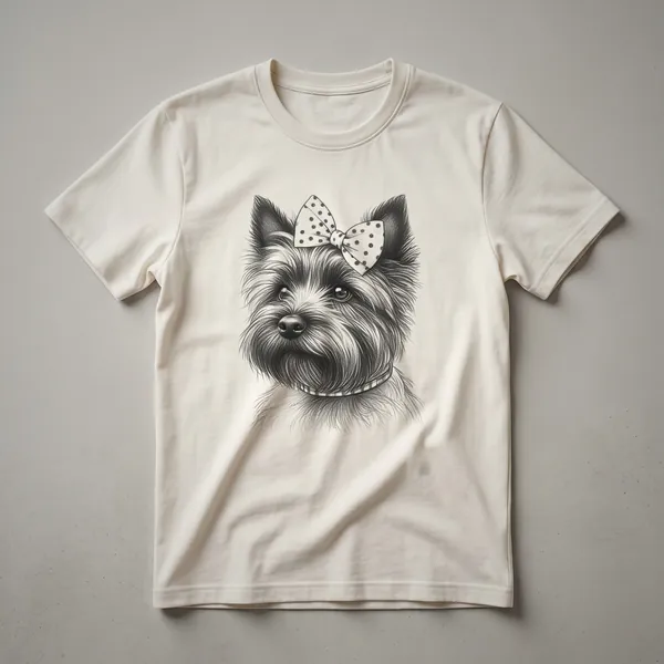 White graphic t-shirt featuring a black and white illustration of a Cairn Terrier's head with the words 'Cairn Terrier Mom' below it.