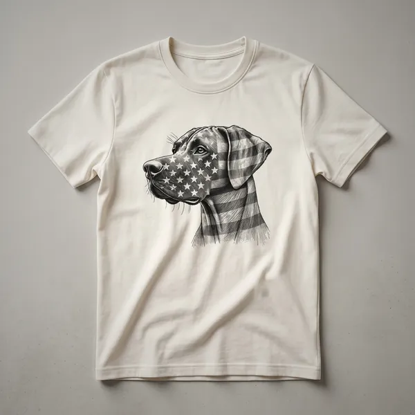 White t-shirt featuring a Rhodesian Ridgeback dog wearing dark sunglasses and a red, white, and blue American flag bandana, with a distressed American flag graphic behind it.