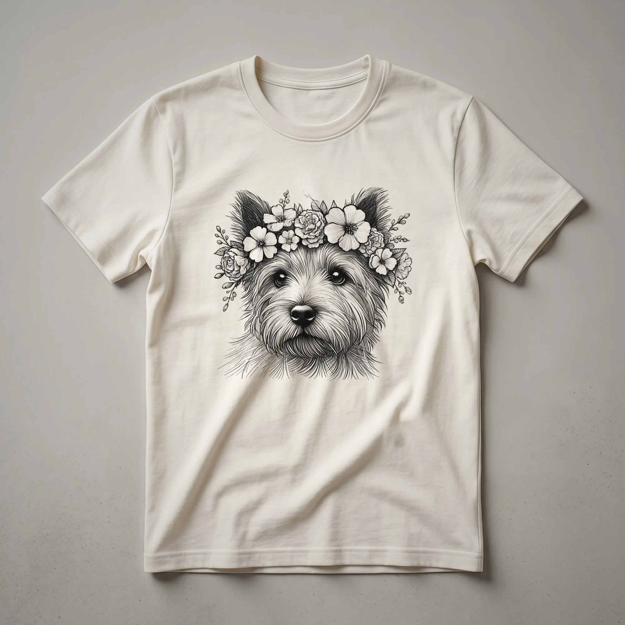 White t-shirt featuring a graphic of a Cairn Terrier's head with colorful flowers surrounding it, rendered in a painterly style.