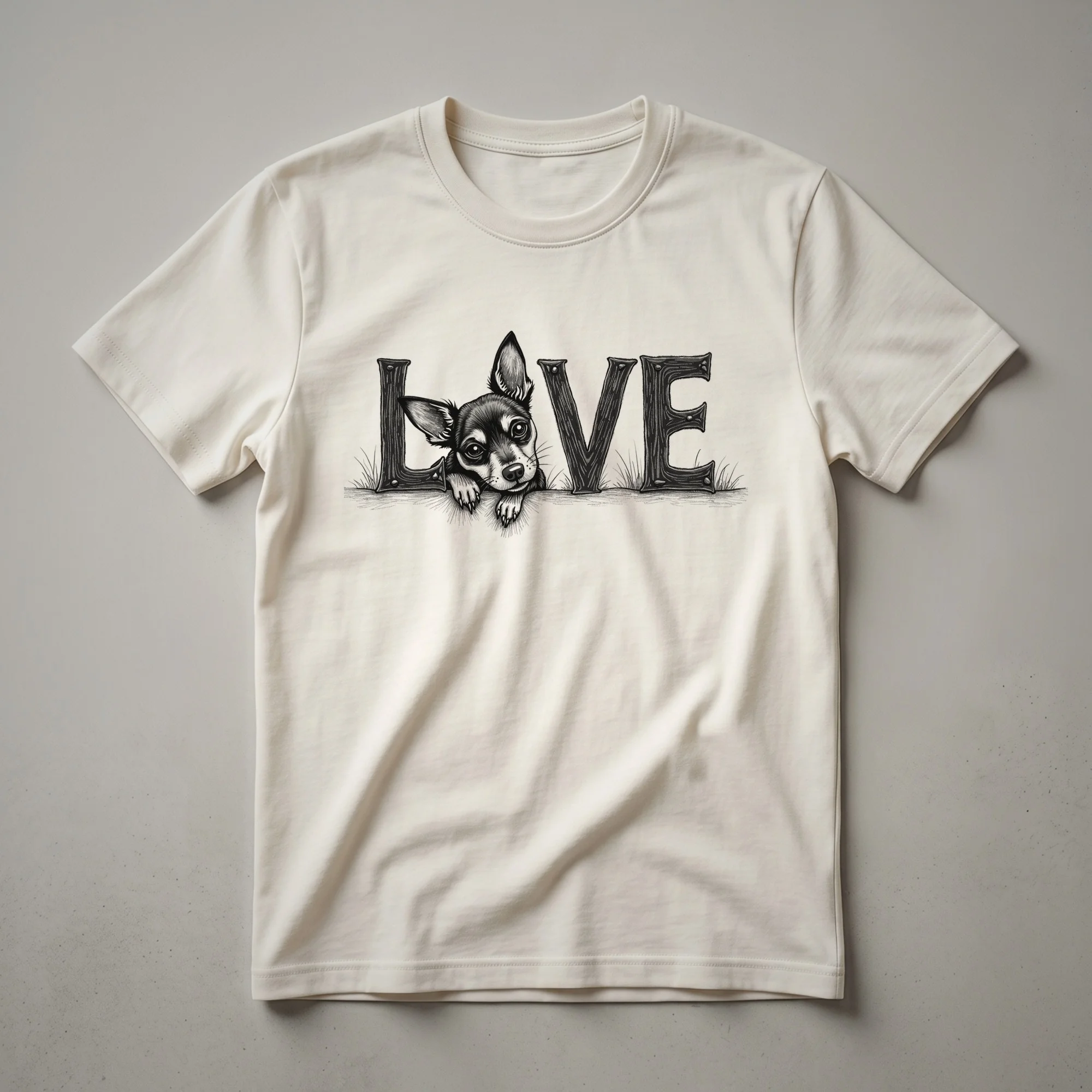 Black t-shirt with a graphic design of a Miniature Pinscher dog and a heart symbol, representing love for the breed.