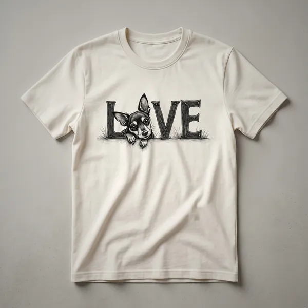 Black t-shirt with a graphic design of a Miniature Pinscher dog and a heart symbol, representing love for the breed.