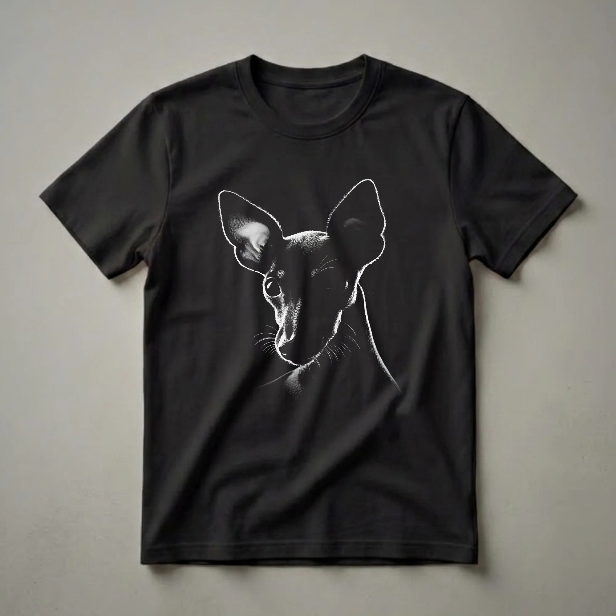 Black and white graphic art t-shirt featuring the face of a Miniature Pinscher dog with dramatic lighting and prominent ears.