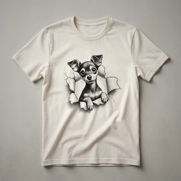 White t-shirt featuring a graphic of a black and tan Miniature Pinscher dog peeking from the bottom edge, with alert ears and curious eyes.