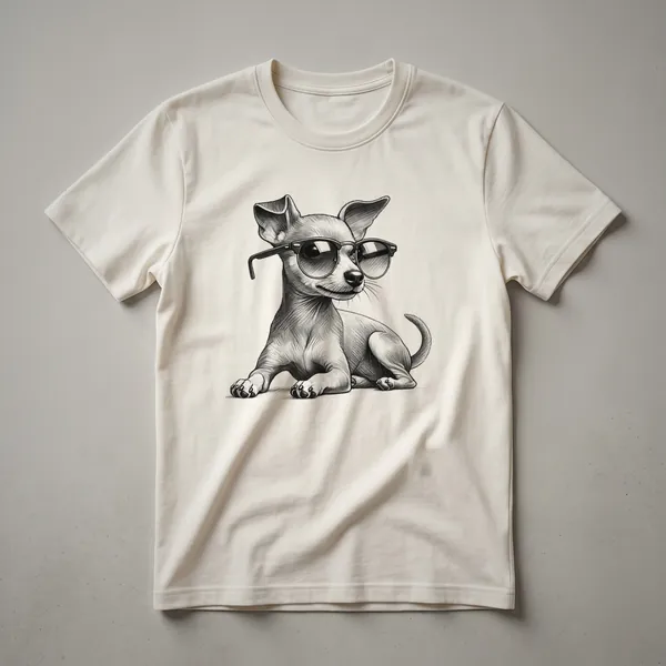 Black t-shirt featuring a graphic of a Miniature Pinscher dog wearing dark sunglasses and a red, white, and blue striped bandana.