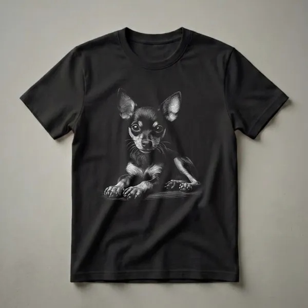 Black and white scratchboard art t-shirt featuring a Miniature Pinscher dog lying down with detailed fur texture and expressive eyes.