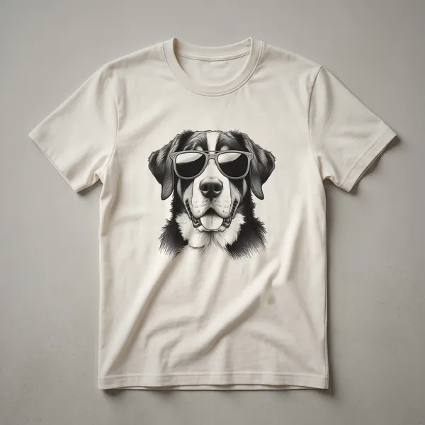 Black t-shirt with a graphic of a Greater Swiss Mountain Dog wearing dark sunglasses.