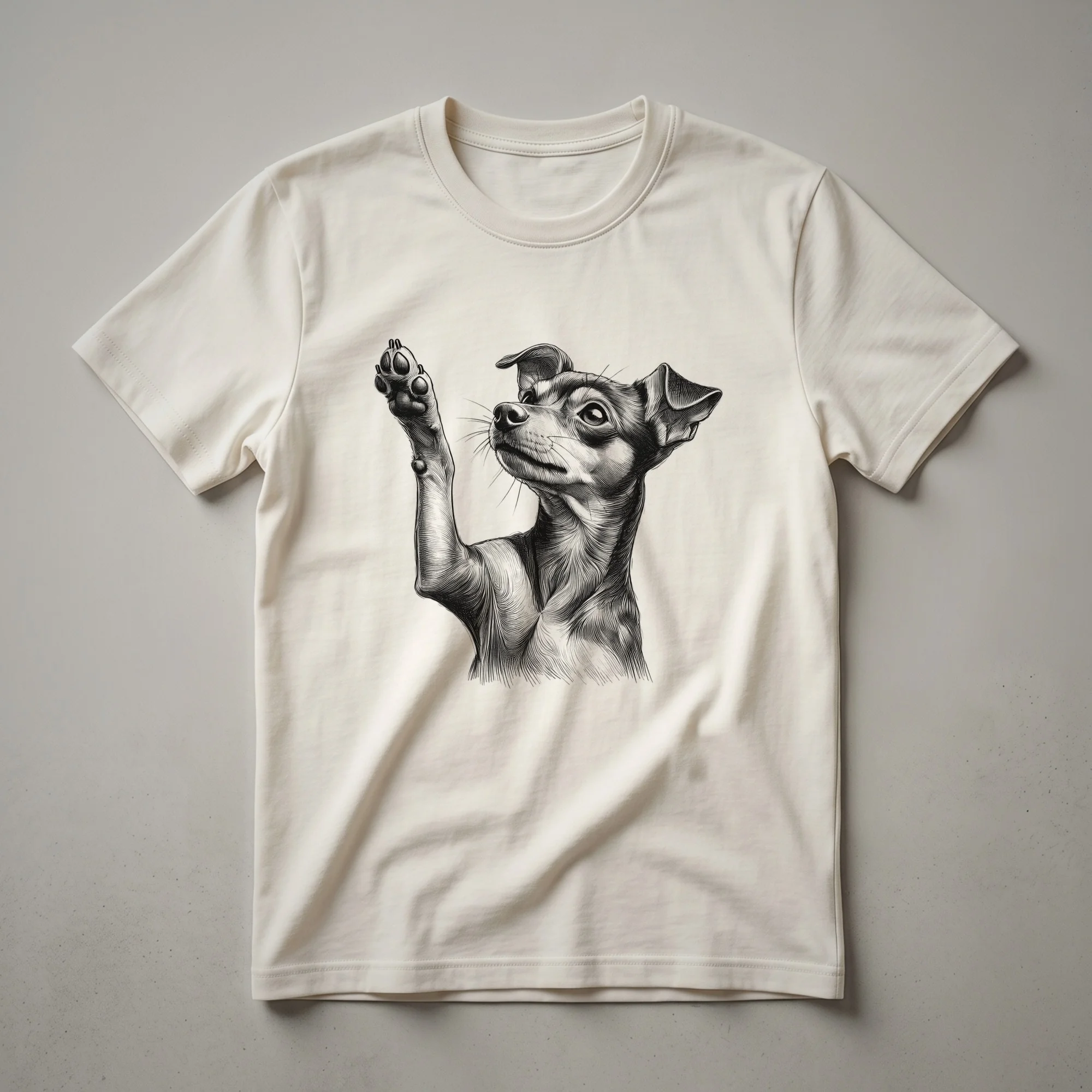 White graphic of a Miniature Pinscher dog with its front paw raised, printed on a black t-shirt.