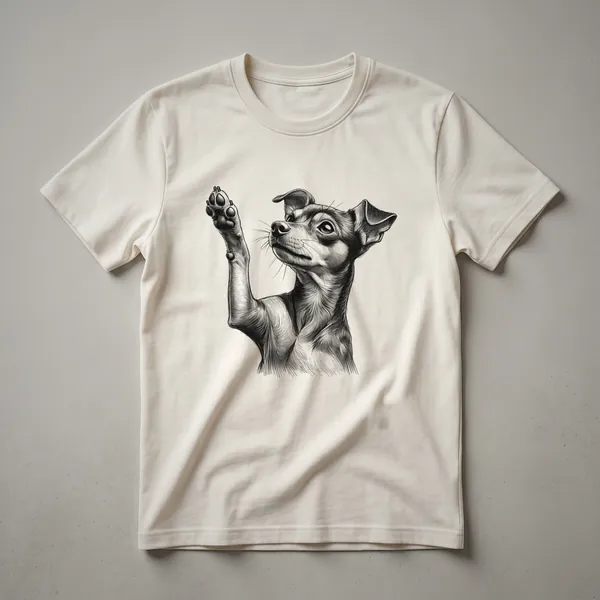 White graphic of a Miniature Pinscher dog with its front paw raised, printed on a black t-shirt.