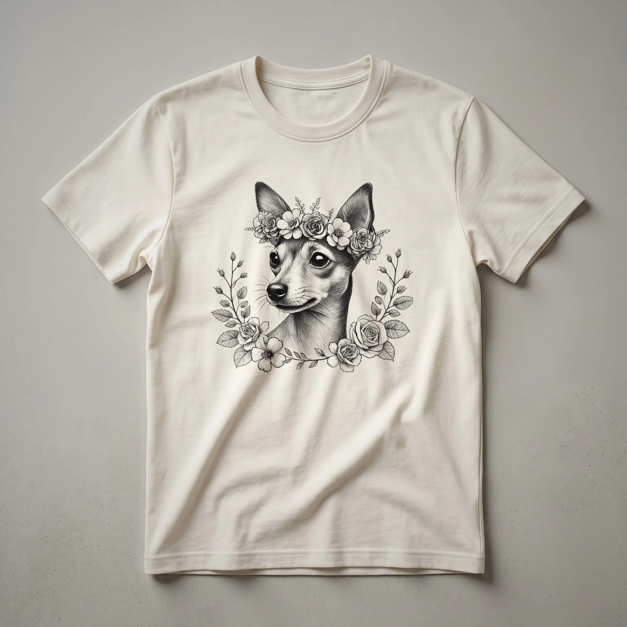 White graphic t-shirt featuring a black silhouette of a Miniature Pinscher dog with a floral design around it, suitable for dog moms and dads.