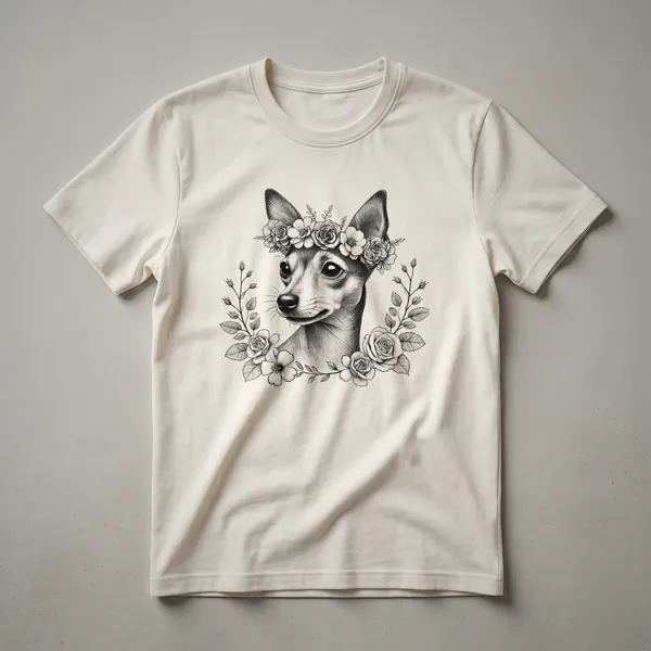 White graphic t-shirt featuring a black silhouette of a Miniature Pinscher dog with a floral design around it, suitable for dog moms and dads.