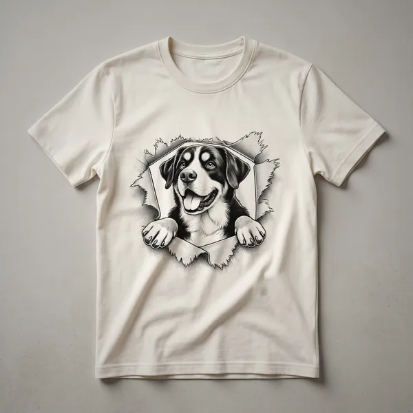 White graphic t-shirt featuring a cartoon Greater Swiss Mountain Dog peeking over the top edge, with its head and front paws visible.
