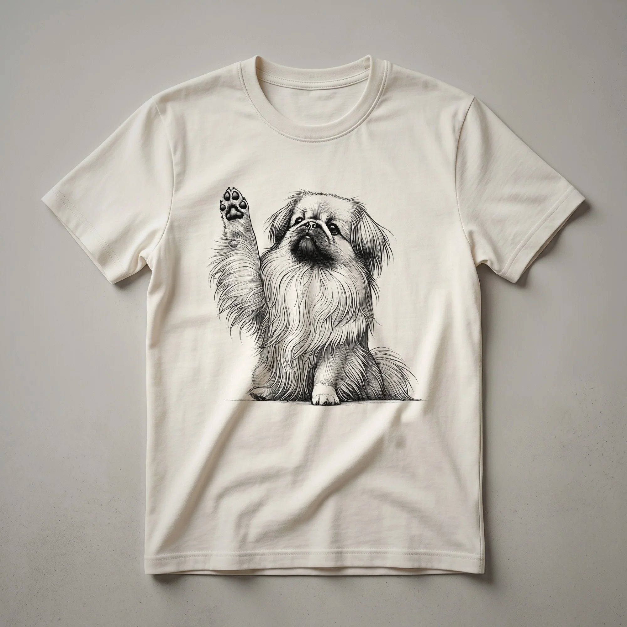 Black graphic t-shirt featuring a Pekingese dog illustration with its paw raised.