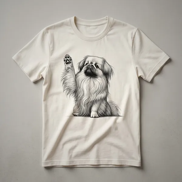 Black graphic t-shirt featuring a Pekingese dog illustration with its paw raised.
