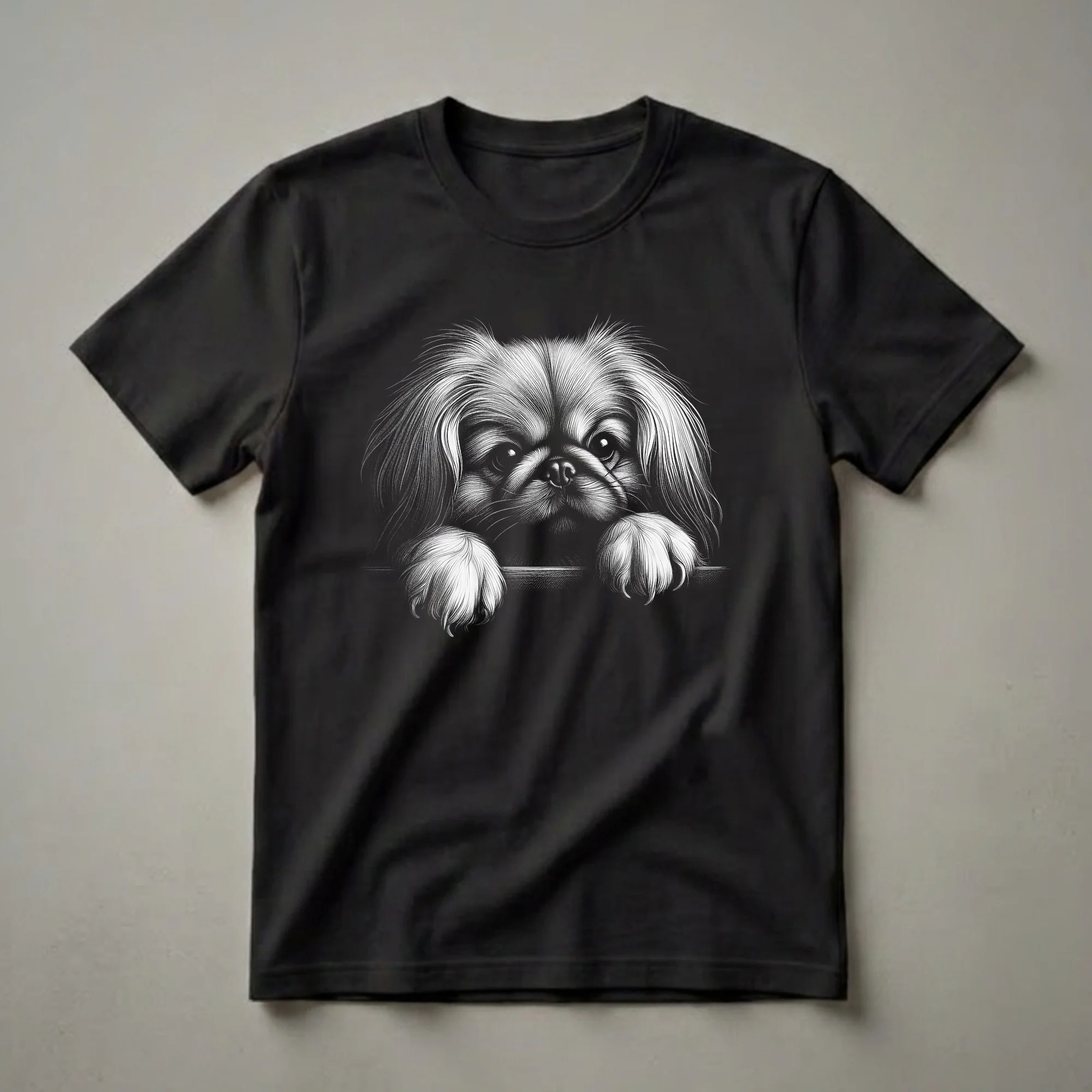 Black and white graphic t-shirt featuring a detailed scratchboard illustration of a Pekingese dog's face peeking over a textured ledge.