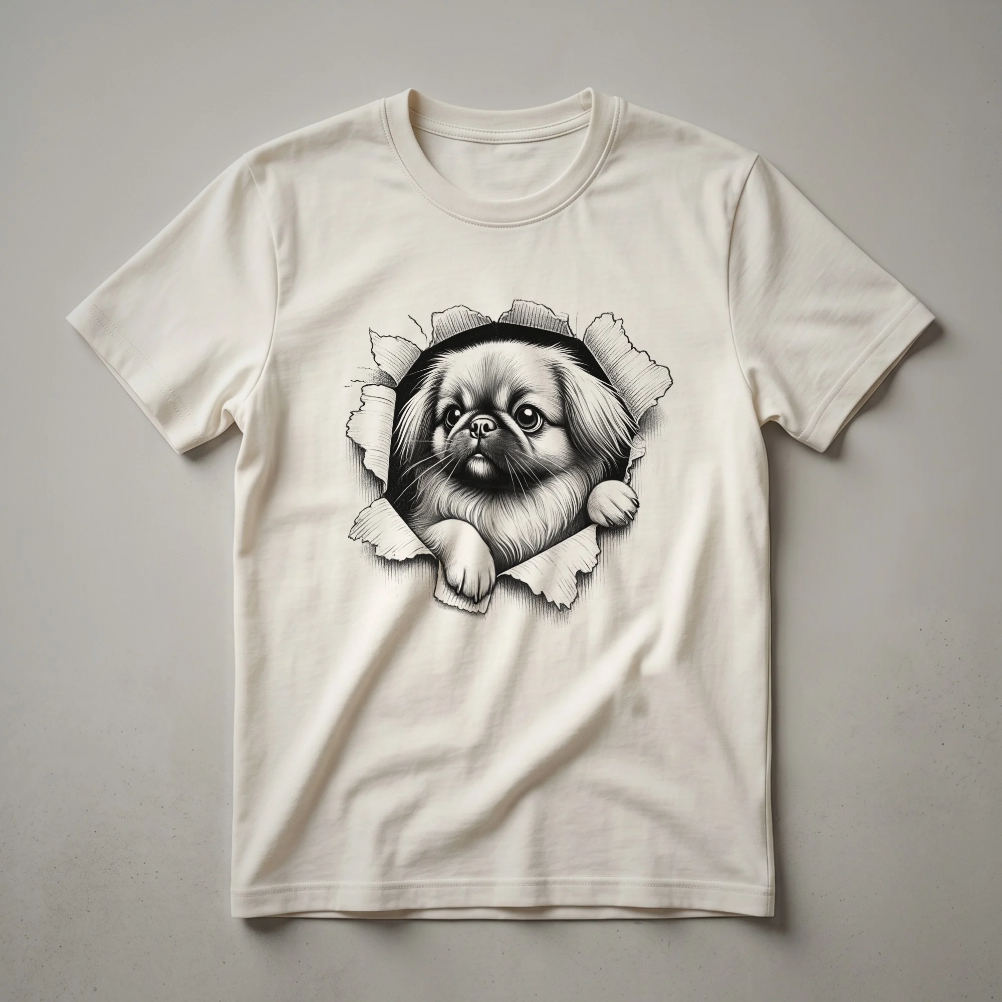 White graphic t-shirt featuring a cartoon Pekingese dog peeking over the bottom edge of the design.