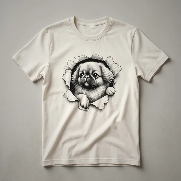 White graphic t-shirt featuring a cartoon Pekingese dog peeking over the bottom edge of the design.