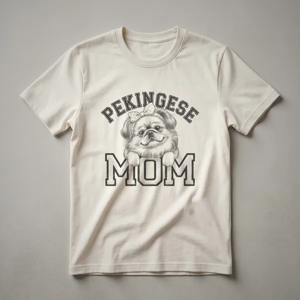 A black graphic t-shirt with a stylized portrait of a Pekingese dog and the text 'Pekingese Mom'.