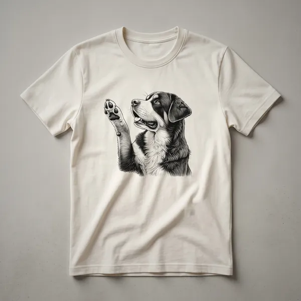 A black and white graphic of a Greater Swiss Mountain Dog with its front paw raised, printed on a t-shirt.