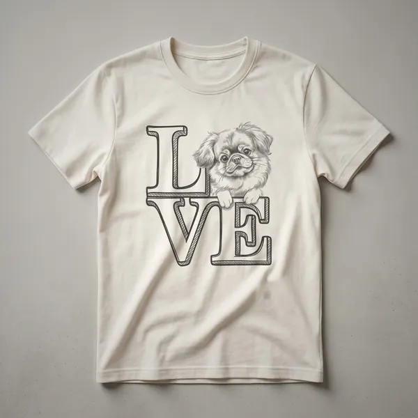 White graphic t-shirt featuring the face of a Pekingese dog with a red heart symbol above its head.