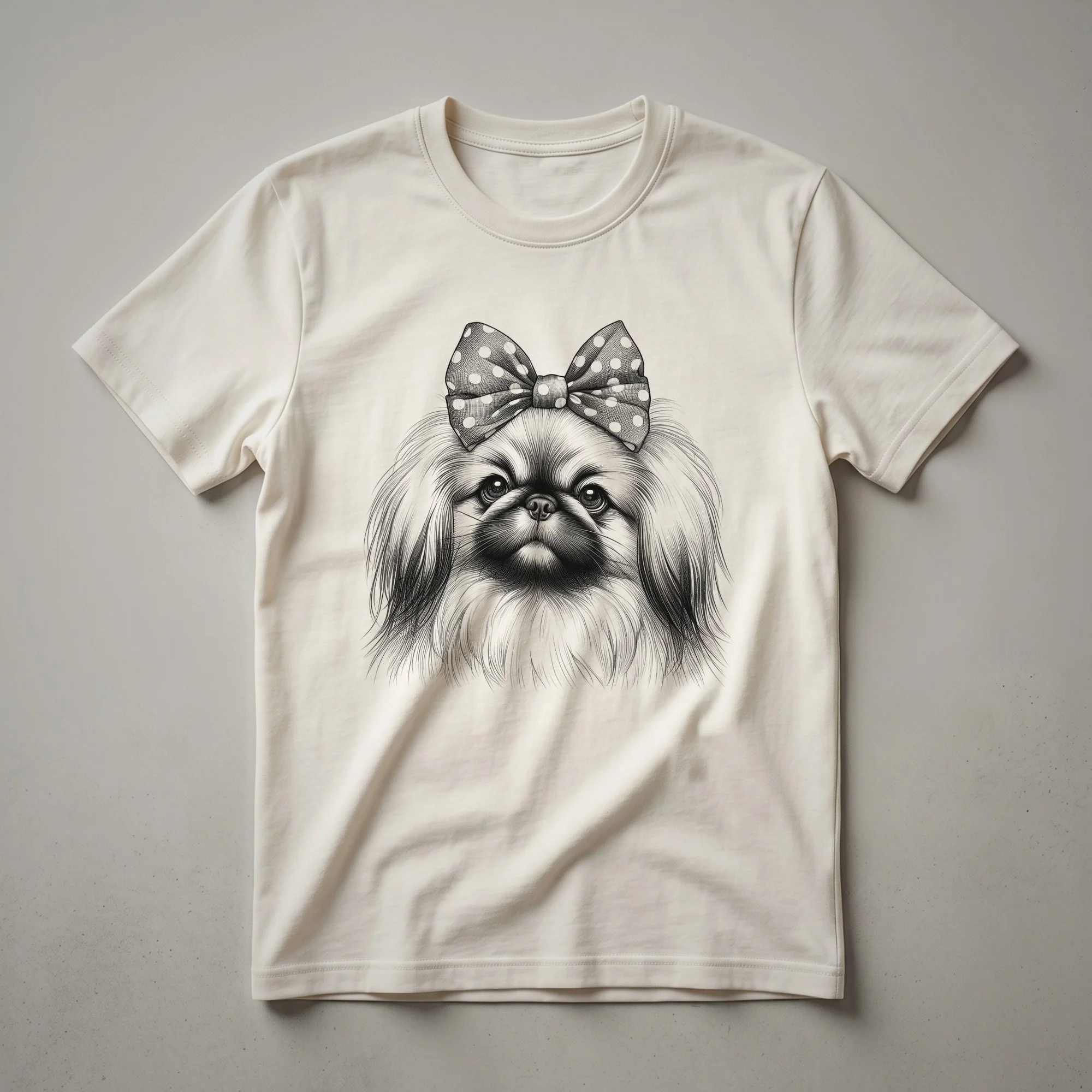 A white graphic t-shirt featuring a stylized Pekingese dog face artfully surrounded by a vibrant floral wreath design.