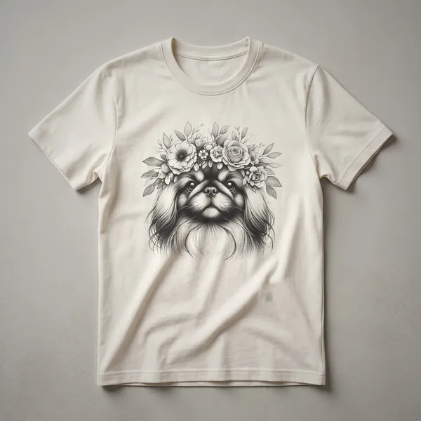 White graphic t-shirt featuring a stylized Pekingese dog surrounded by colorful flowers, with the text 'Floral Pekingese Dog Flower Memorial Design'.