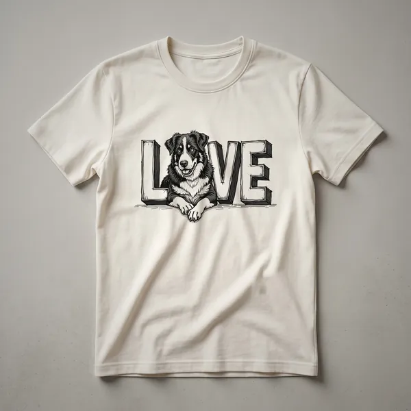 A black graphic t-shirt featuring the face of a Greater Swiss Mountain Dog with a red heart symbol above its head.