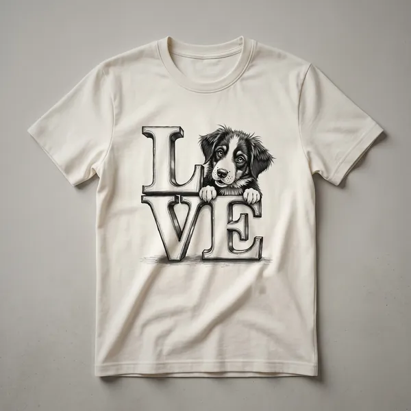 A white t-shirt with a graphic of a Greater Swiss Mountain Dog's head peeking over a red heart.