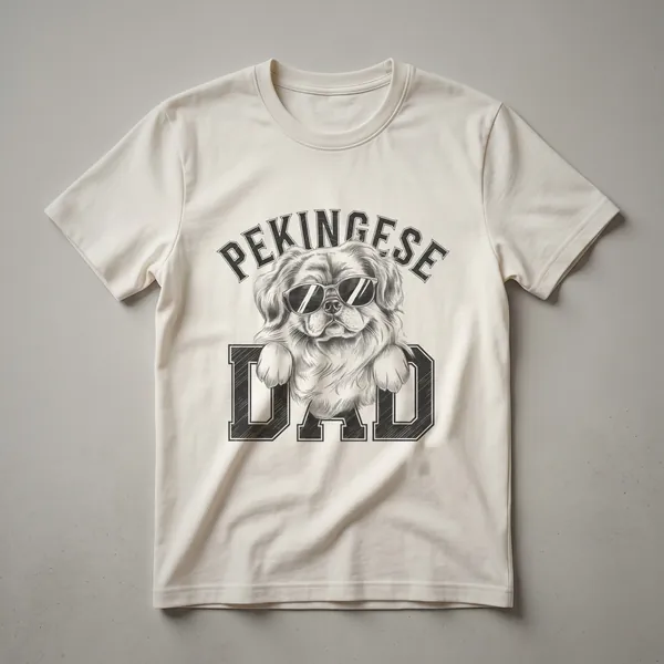 Black graphic t-shirt with a stylized portrait of a Pekingese dog in white and grey.